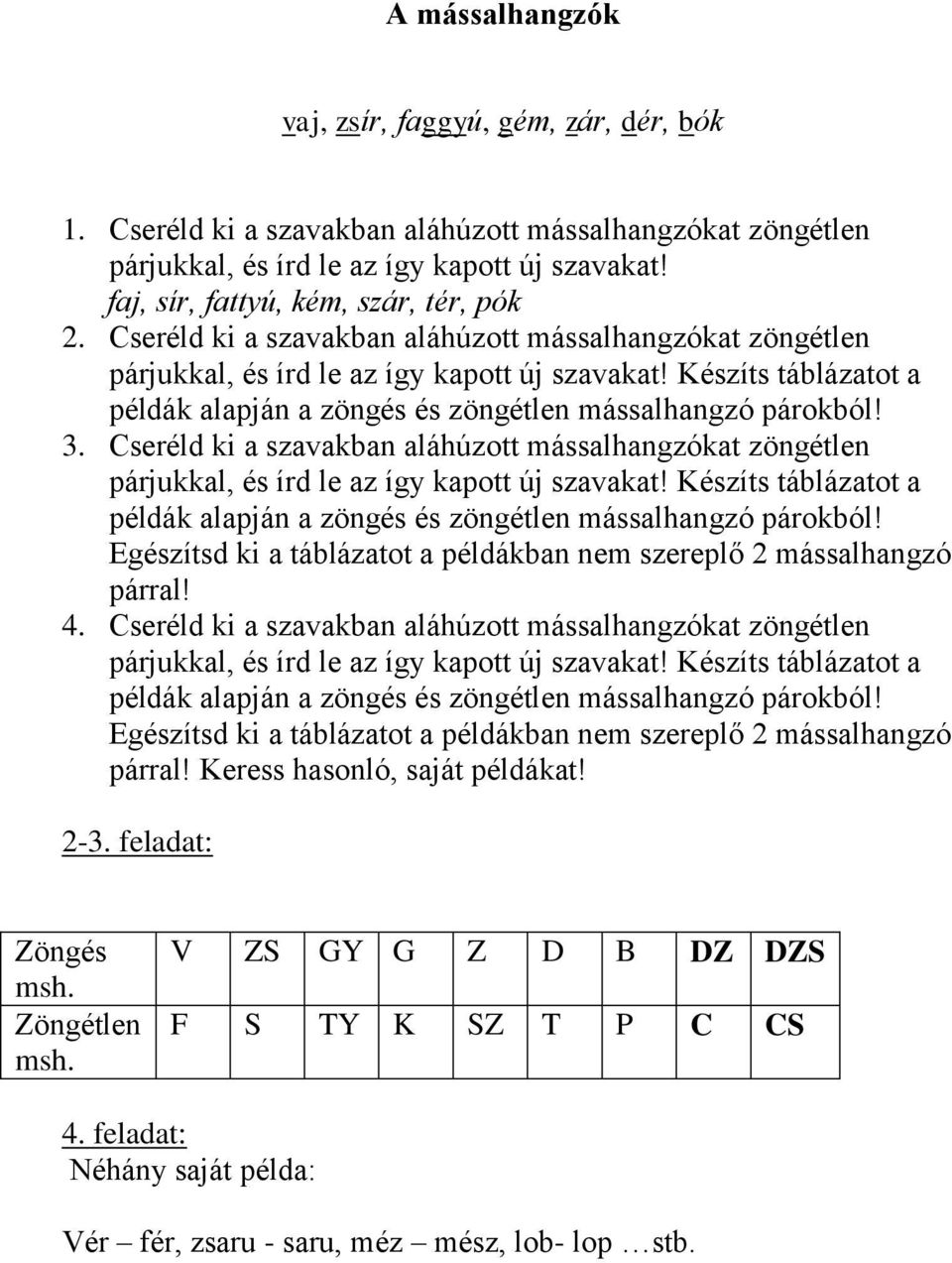 Készíts táblázatot a példák alapján a zöngés és zöngétlen mássalhangzó párokból! 3. Cseréld ki a szavakban aláhúzott mássalhangzókat zöngétlen párjukkal, és írd le az így kapott új szavakat!