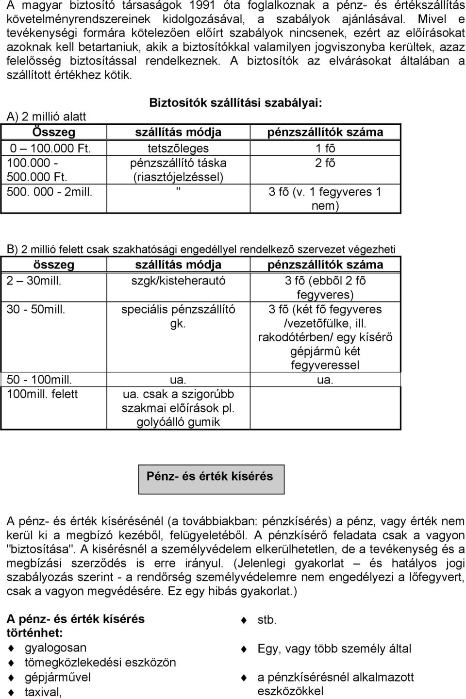 A biztosítók az elvárásokat általában a szállított értékhez kötik. Biztosítók szállítási szabályai: AJ ^ millió alatt Rsszeg szállítás módja pénzszállítók száma X W =XX.XXX Ft. tetsz`leges = f` =XX.