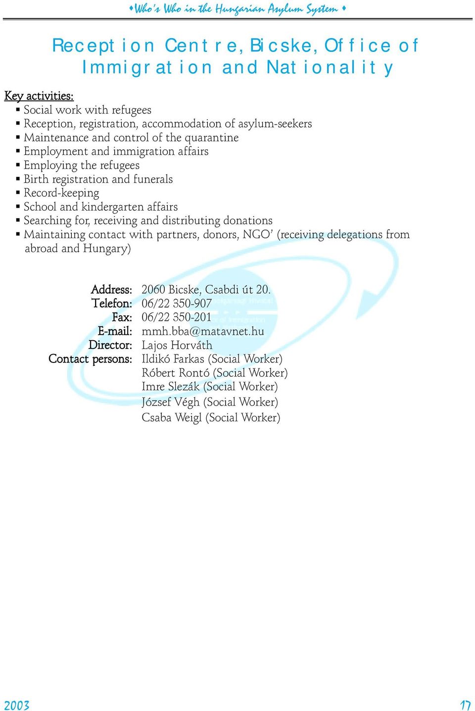 Searching for, receiving and distributing donations Maintaining contact with partners, donors, NGO (receiving delegations from abroad and Hungary) Address: 2060 Bicske, Csabdi út 20.