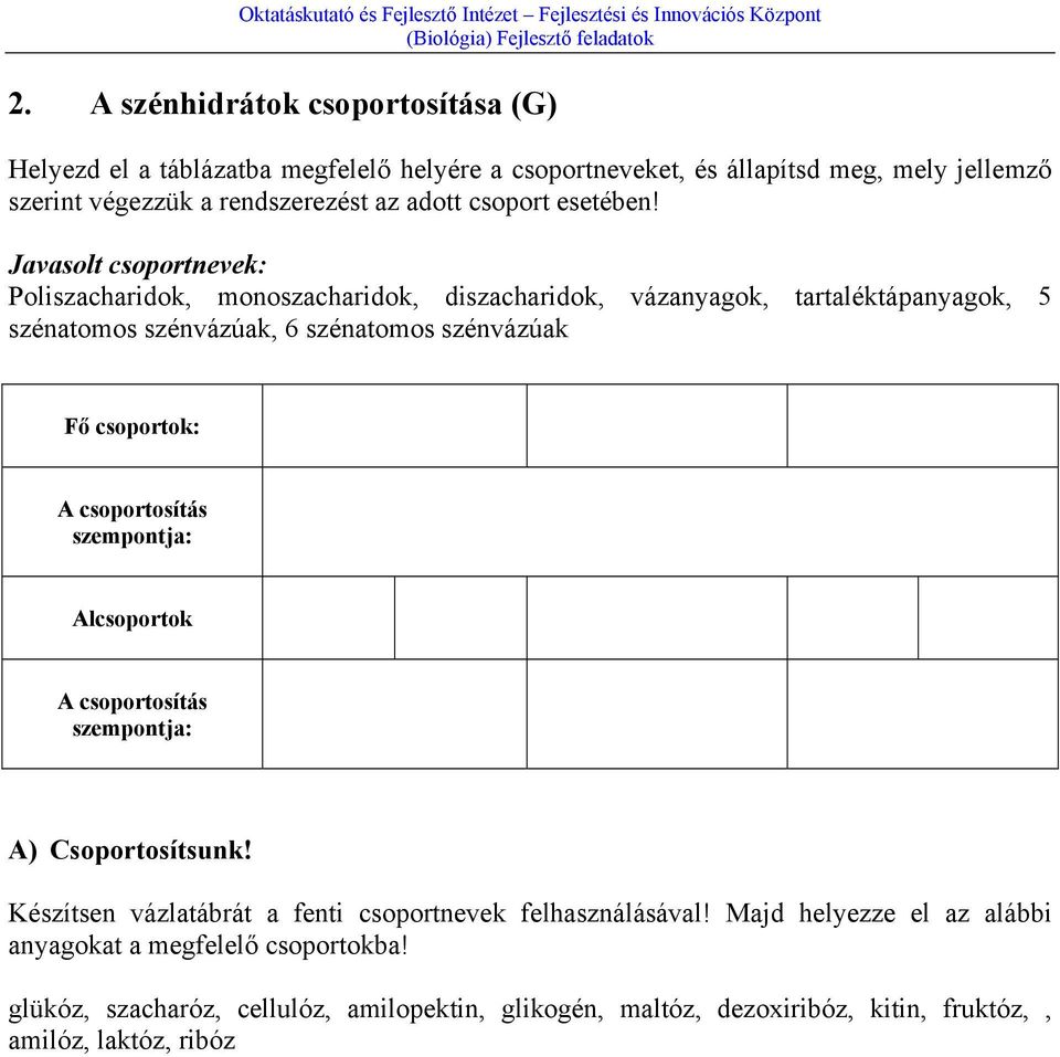 Javasolt csoportnevek: Poliszacharidok, monoszacharidok, diszacharidok, vázanyagok, tartaléktápanyagok, 5 szénatomos szénvázúak, 6 szénatomos szénvázúak Fő csoportok: A