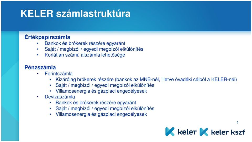 célból a KELER-nél) Saját / megbízói / egyedi megbízói elkülönítés Villamosenergia és gázpiaci engedélyesek Devizaszámla