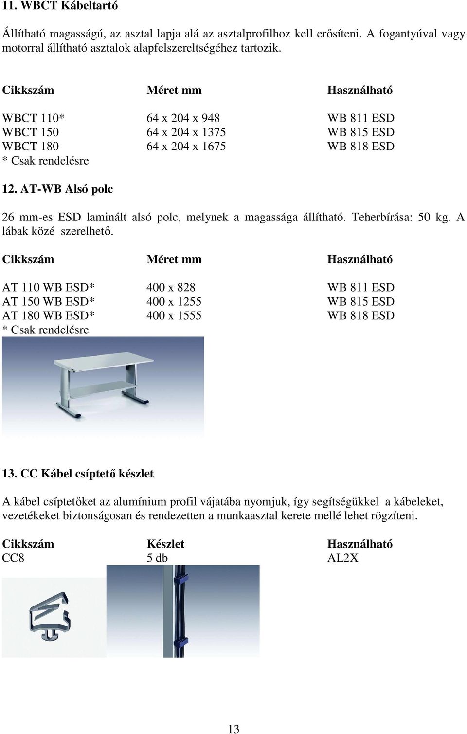 AT-WB Alsó polc 26 mm-es ESD laminált alsó polc, melynek a magassága állítható. Teherbírása: 50 kg. A lábak közé szerelhető.