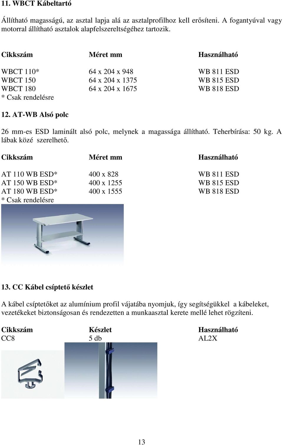 AT-WB Alsó polc 26 mm-es ESD laminált alsó polc, melynek a magassága állítható. Teherbírása: 50 kg. A lábak közé szerelhető.