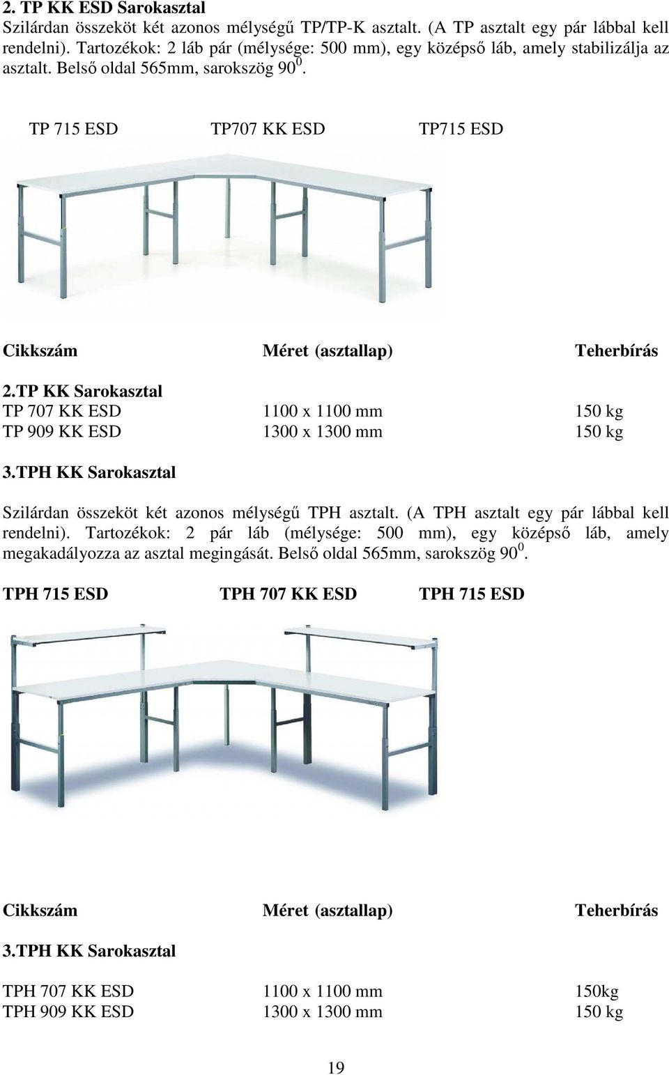 TP KK Sarokasztal TP 707 KK ESD 1100 x 1100 mm 150 kg TP 909 KK ESD 1300 x 1300 mm 150 kg 3.TPH KK Sarokasztal Szilárdan összeköt két azonos mélységű TPH asztalt.