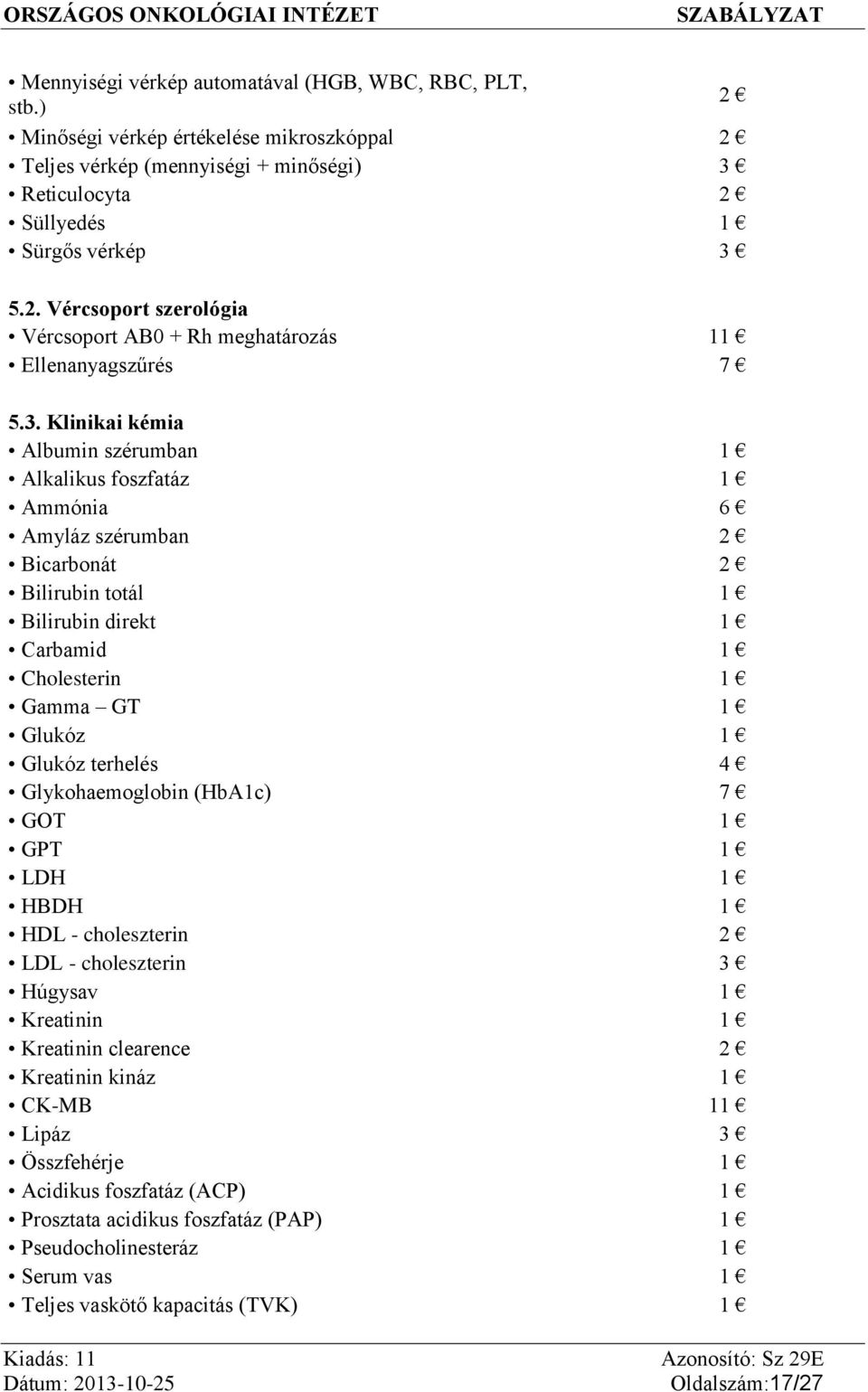 4 Glykohaemoglobin (HbA1c) 7 GOT 1 GPT 1 LDH 1 HBDH 1 HDL - choleszterin 2 LDL - choleszterin 3 Húgysav 1 Kreatinin 1 Kreatinin clearence 2 Kreatinin kináz 1 CK-MB 11 Lipáz 3 Összfehérje 1 Acidikus