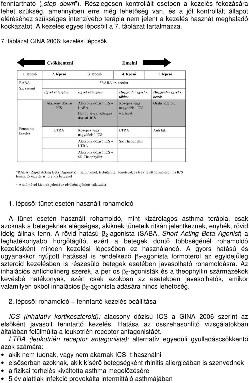 hasznát meghaladó kockázatot. A kezelés egyes lépcsőit a 7. táblázat tartalmazza. 7. táblázat GINA 2006: kezelési lépcsők Csökkenteni Emelni 1. lépcső 2. lépcső 3. lépcső 4. lépcső 5. lépcső RABA Sz.