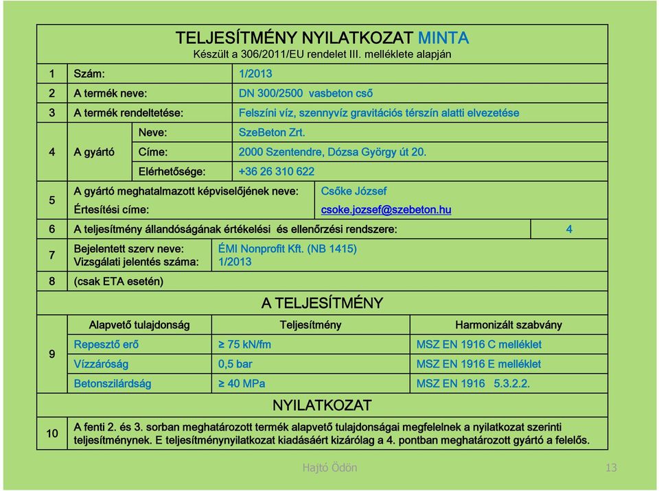 Címe: 2000 Szentendre, Dózsa György út 20. Elérhetősége: +36 26 310 622 A gyártó meghatalmazott képviselőjének neve: Értesítési címe: Csőke József csoke.jozsef@szebeton.