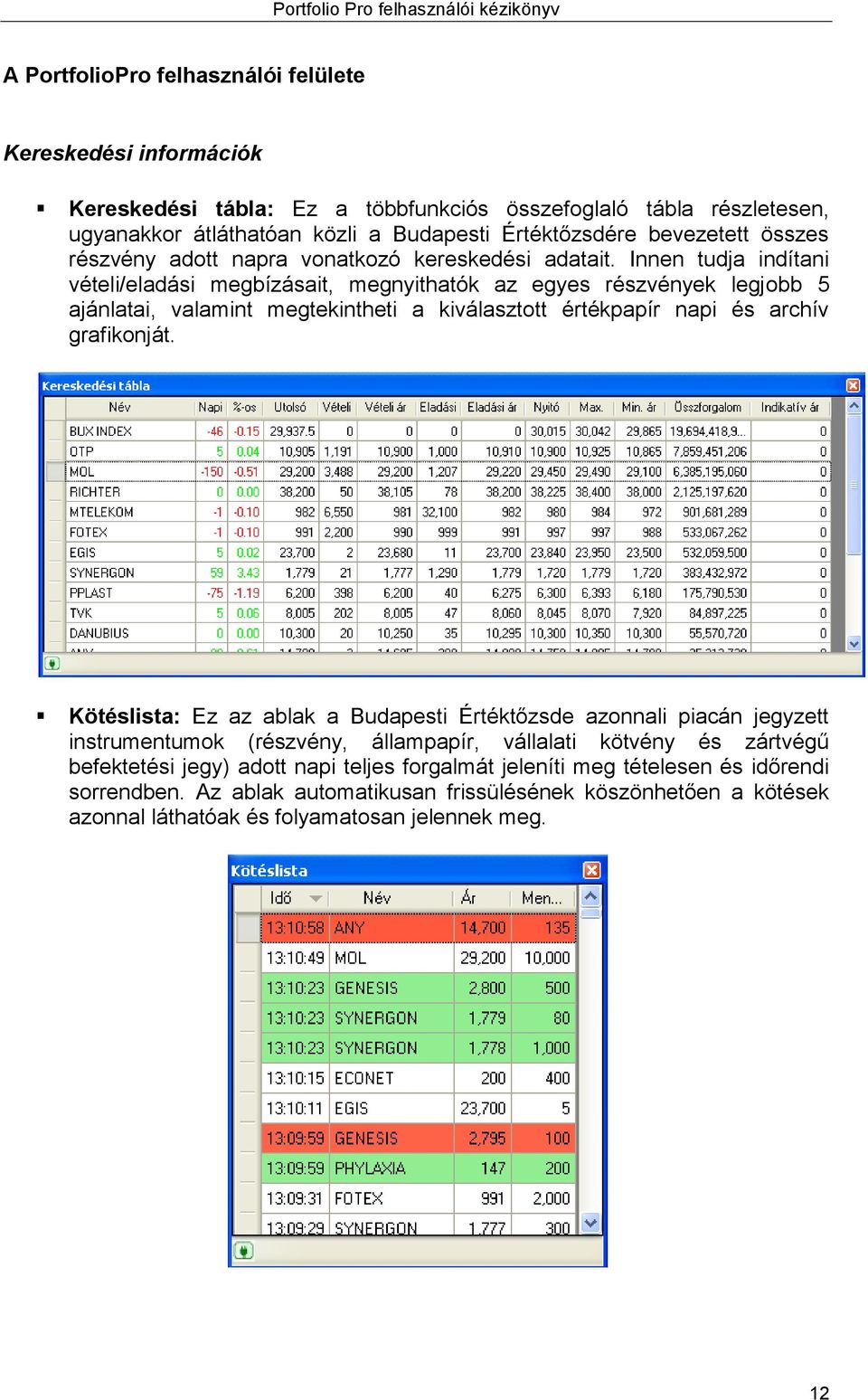 Innen tudja indítani vételi/eladási megbízásait, megnyithatók az egyes részvények legjobb 5 ajánlatai, valamint megtekintheti a kiválasztott értékpapír napi és archív grafikonját.