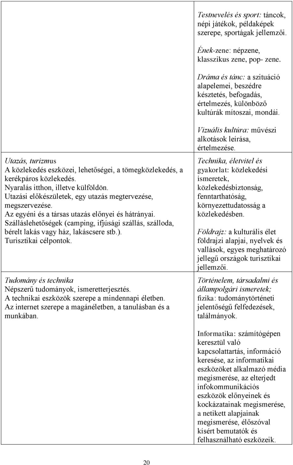 Utazás, turizmus A közlekedés eszközei, lehetőségei, a tömegközlekedés, a kerékpáros közlekedés. Nyaralás itthon, illetve külföldön. Utazási előkészületek, egy utazás megtervezése, megszervezése.