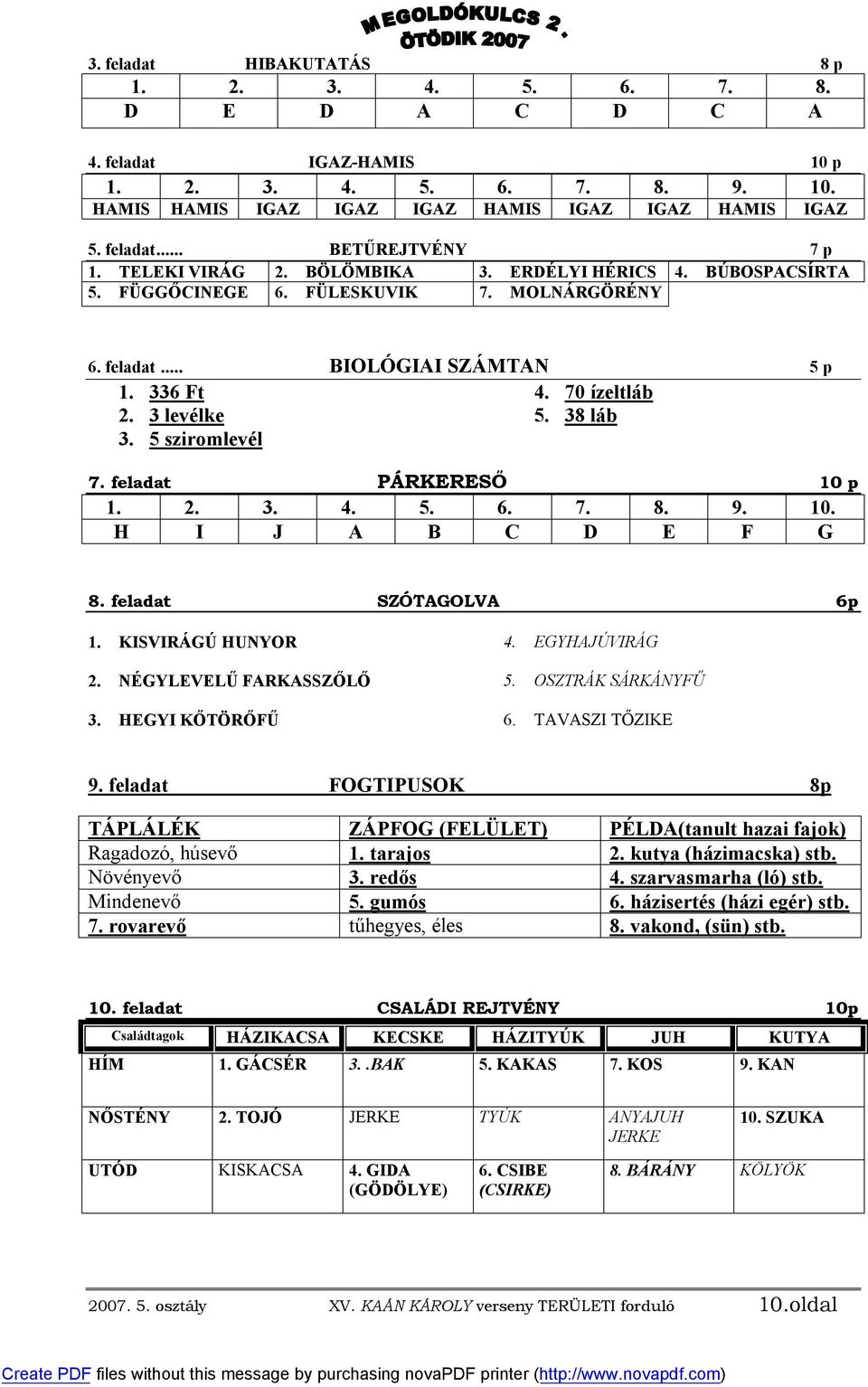 38 láb 7. feladat PÁRKERESŐ 10 p 1. 2. 3. 4. 5. 6. 7. 8. 9. 10. H I J A B C D E F G 8. feladat SZÓTAGOLVA 6p 1. KISVIRÁGÚ HUNYOR 2. NÉGYLEVELŰ FARKASSZŐLŐ 3. HEGYI KŐTÖRŐFŰ 4. EGYHAJÚVIRÁG 5.