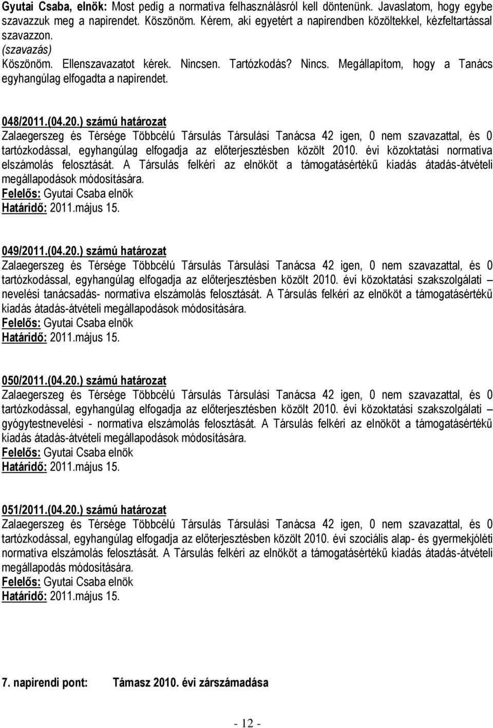 1.(04.20.) számú határozat Zalaegerszeg és Térsége Többcélú Társulás Társulási Tanácsa 42 igen, 0 nem szavazattal, és 0 tartózkodással, egyhangúlag elfogadja az előterjesztésben közölt 2010.