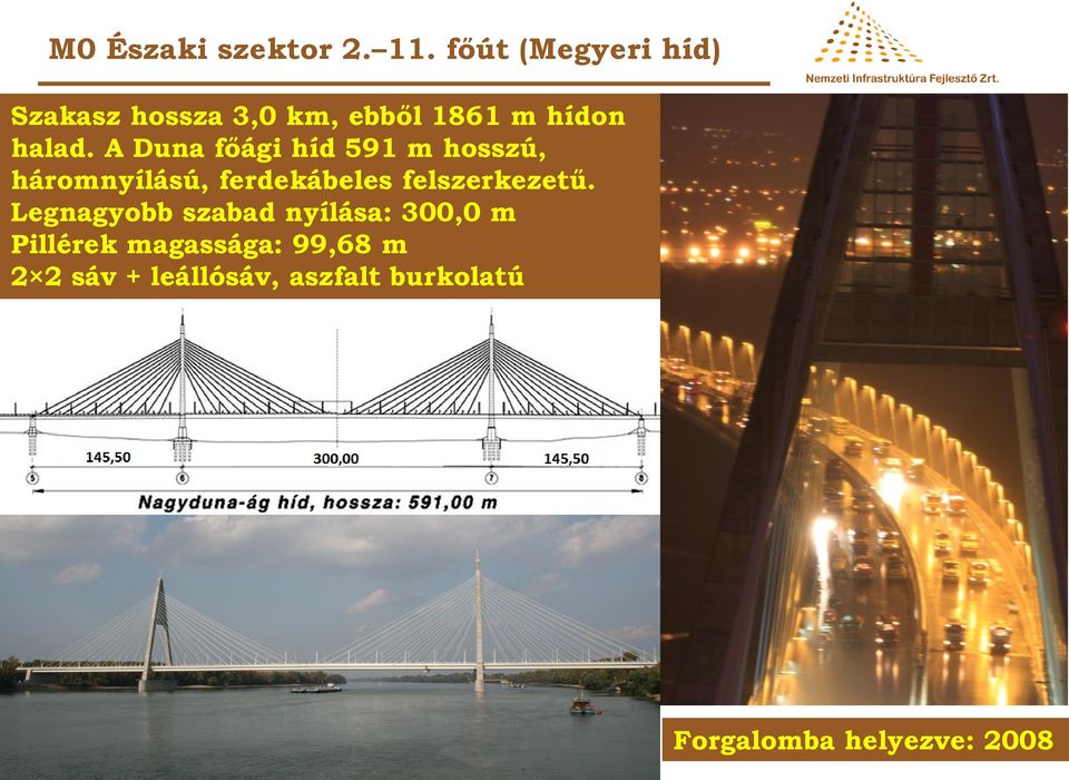 A Duna főági híd 591 m hosszú, háromnyílású, ferdekábeles felszerkezetű.