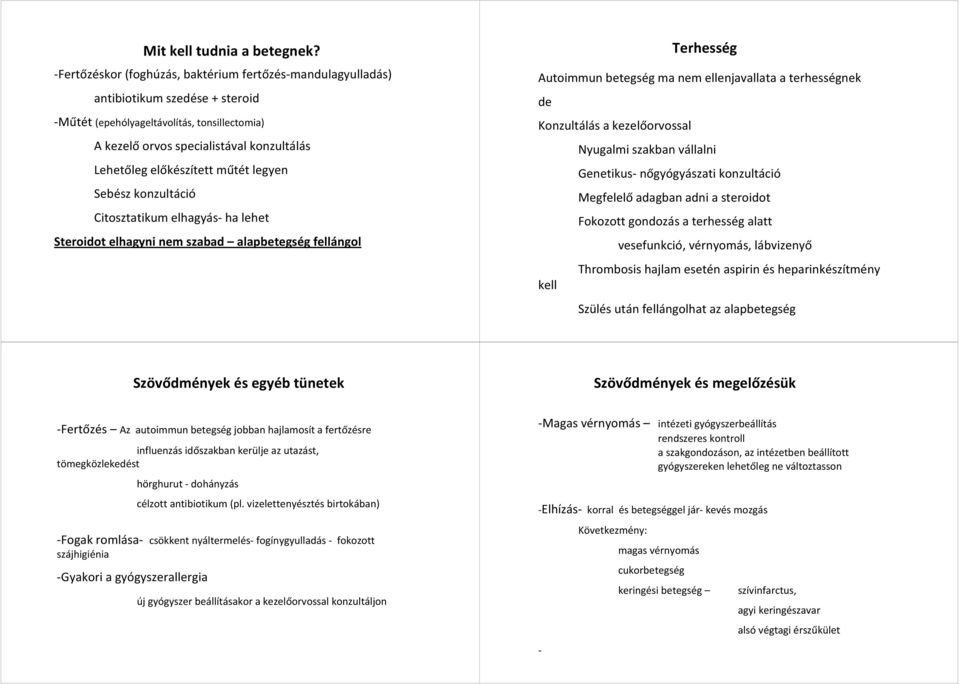 előkészített műtét legyen Sebész konzultáció Citosztatikum elhagyás- ha lehet Steroidot elhagyni nem szabad alapbetegség fellángol Terhesség Autoimmun betegség ma nem ellenjavallata a terhességnek de