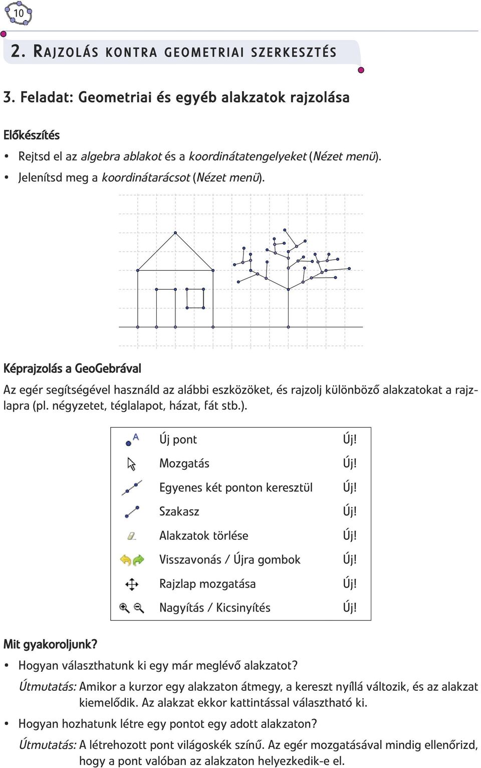 négyzetet, téglalapot, házat, fát stb.). Új pont Mozgatás Egyenes két ponton keresztül Szakasz Alakzatok törlése Visszavonás / Újra gombok Rajzlap mozgatása Nagyítás / Kicsinyítés Új! Új! Új! Új! Új! Új! Új! Új! Mit gyakoroljunk?