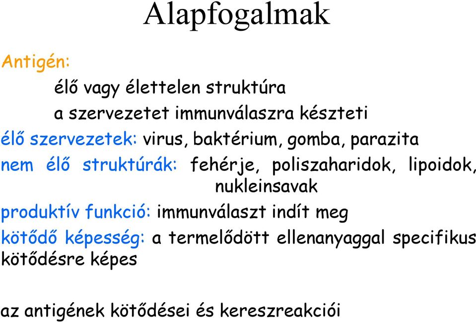 poliszaharidok, lipoidok, nukleinsavak produktív funkció: immunválaszt indít meg kötődő