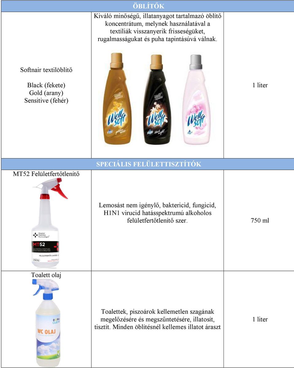 Softnair textilöblítő Black (fekete) Gold (arany) Sensitive (fehér) MT52 Felületfertőtlenítő SPECIÁLIS FELÜLETTISZTÍTÓK Lemosást nem