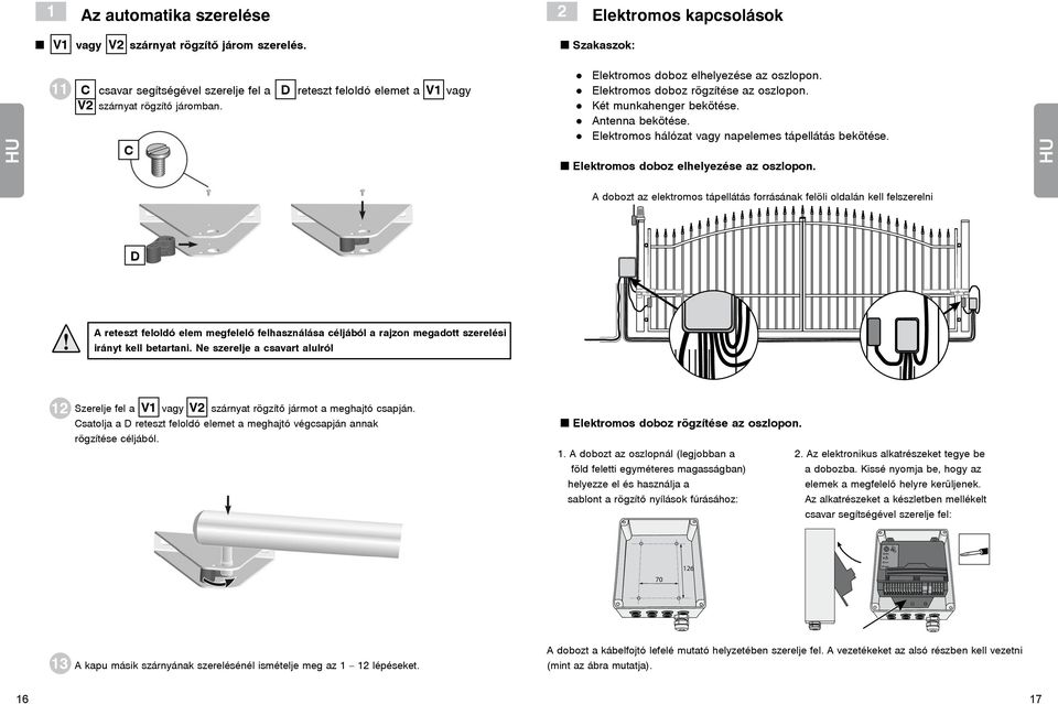 Két munkahenger bekötése. Antenna bekötése. Elektromos hálózat vagy napelemes tápellátás bekötése. Elektromos doboz elhelyezése az oszlopon.