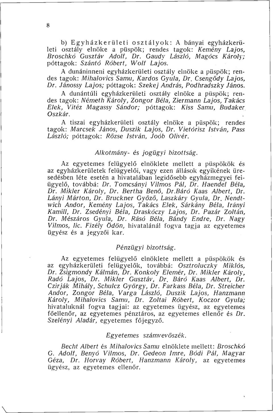 A dunántúli egyházkerületi osztály elnöke a püspök; rendes tagok: Németh Károly, Zongor Béla, Zier mann Lajos, Takács Elek, Vitéz Magassy Sándor; póttagok: Kiss Samu, Budaker Oszkár.