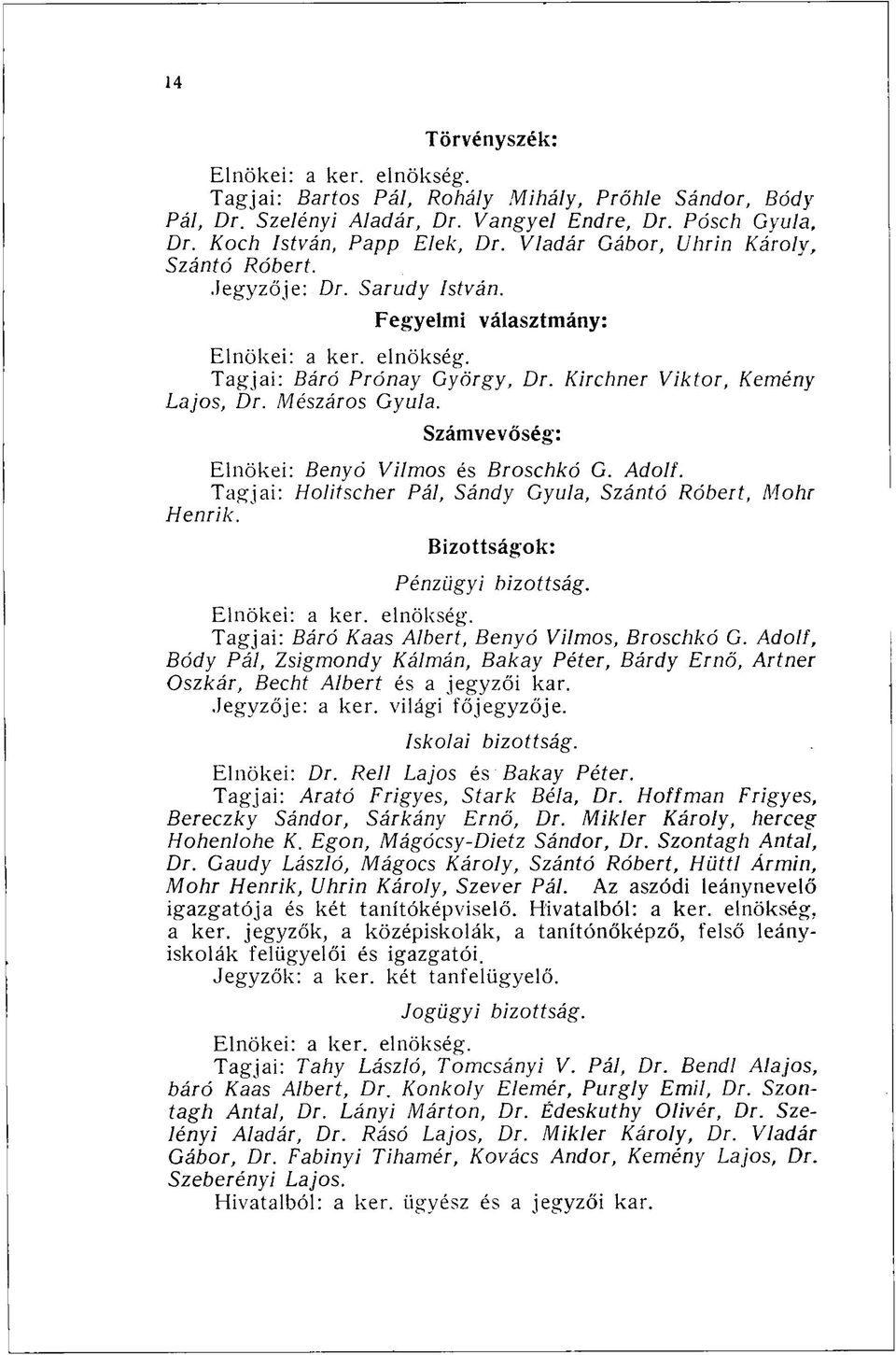 Mészáros Gyula. Számvevőség: Elnökei: Benyó Vilmos és Broschkó G. Adolf. Tagjai: Holitscher Pál, Sándy Gyula, Szántó Róbert, Möhr Henrik. Bizottságok: Pénzügyi bizottság. Elnökei: a ker. elnökség.