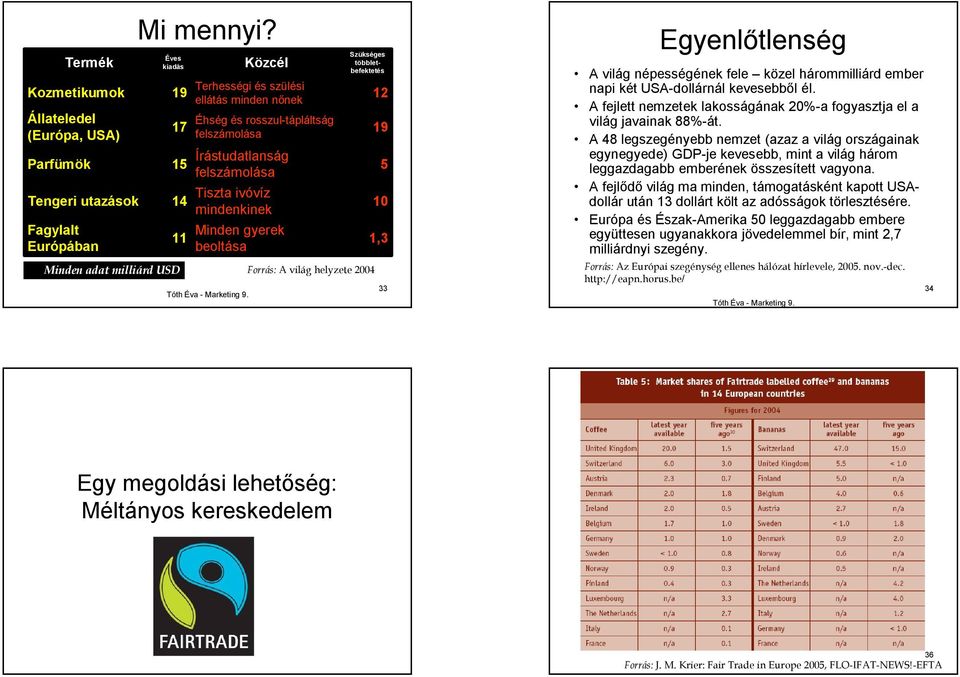 Minden gyerek beoltása Szükséges többletbefektetés Forrás: A világ helyzete 2004 12 19 5 10 1,3 33 Egyenlőtlenség A világ népességének fele közel hárommilliárd ember napi két USA-dollárnál kevesebből