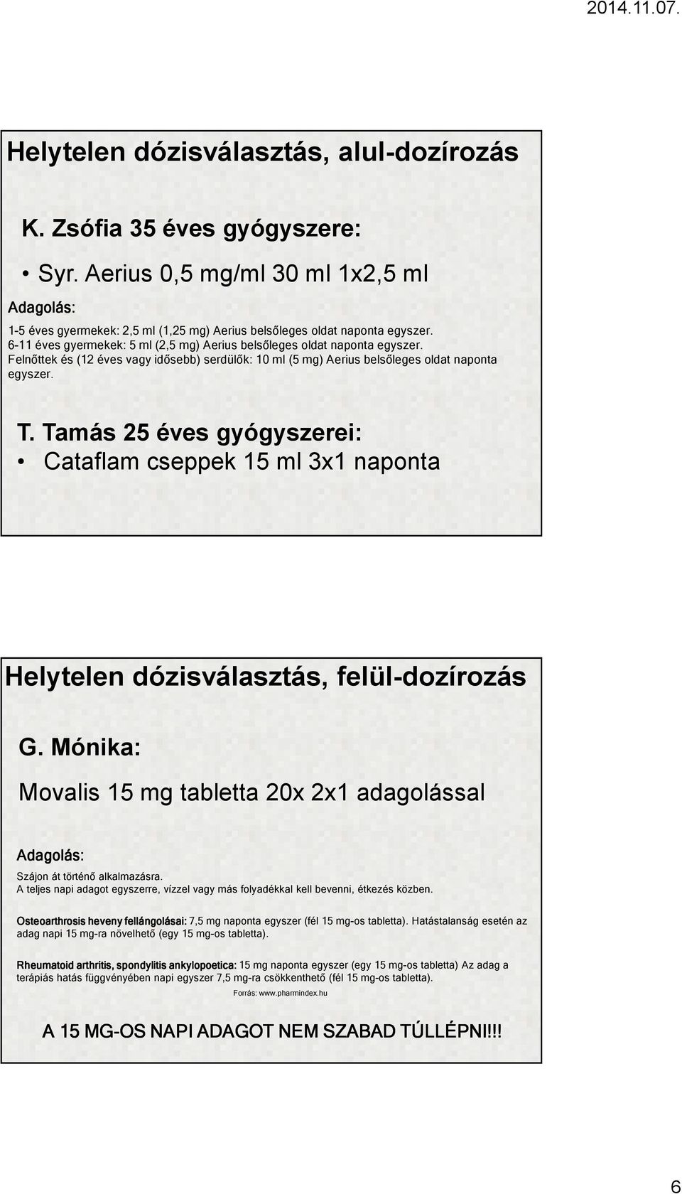 Tamás 25 éves gyógyszerei: Cataflam cseppek 15 ml 3x1 naponta Helytelen dózisválasztás, felül-dozírozás G. Mónika: Movalis 15 mg tabletta 20x 2x1 adagolással Adagolás: Szájon át történő alkalmazásra.