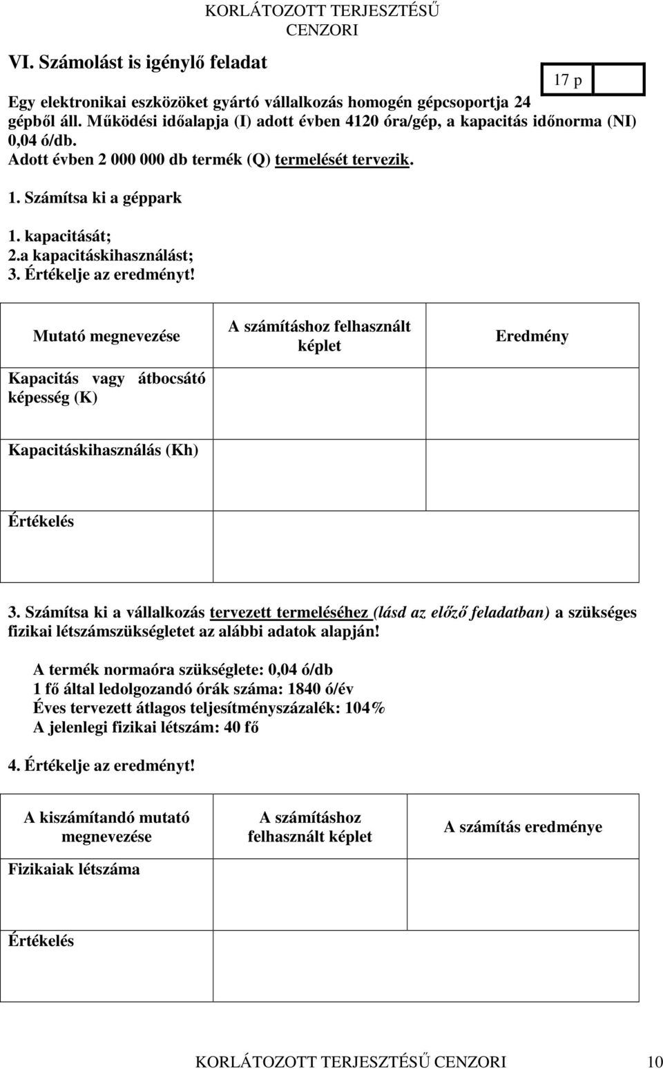 a kapacitáskihasználást; 3. Értékelje az eredményt! Mutató megnevezése Kapacitás vagy átbocsátó képesség (K) A számításhoz felhasznált képlet Eredmény Kapacitáskihasználás (Kh) Értékelés 3.