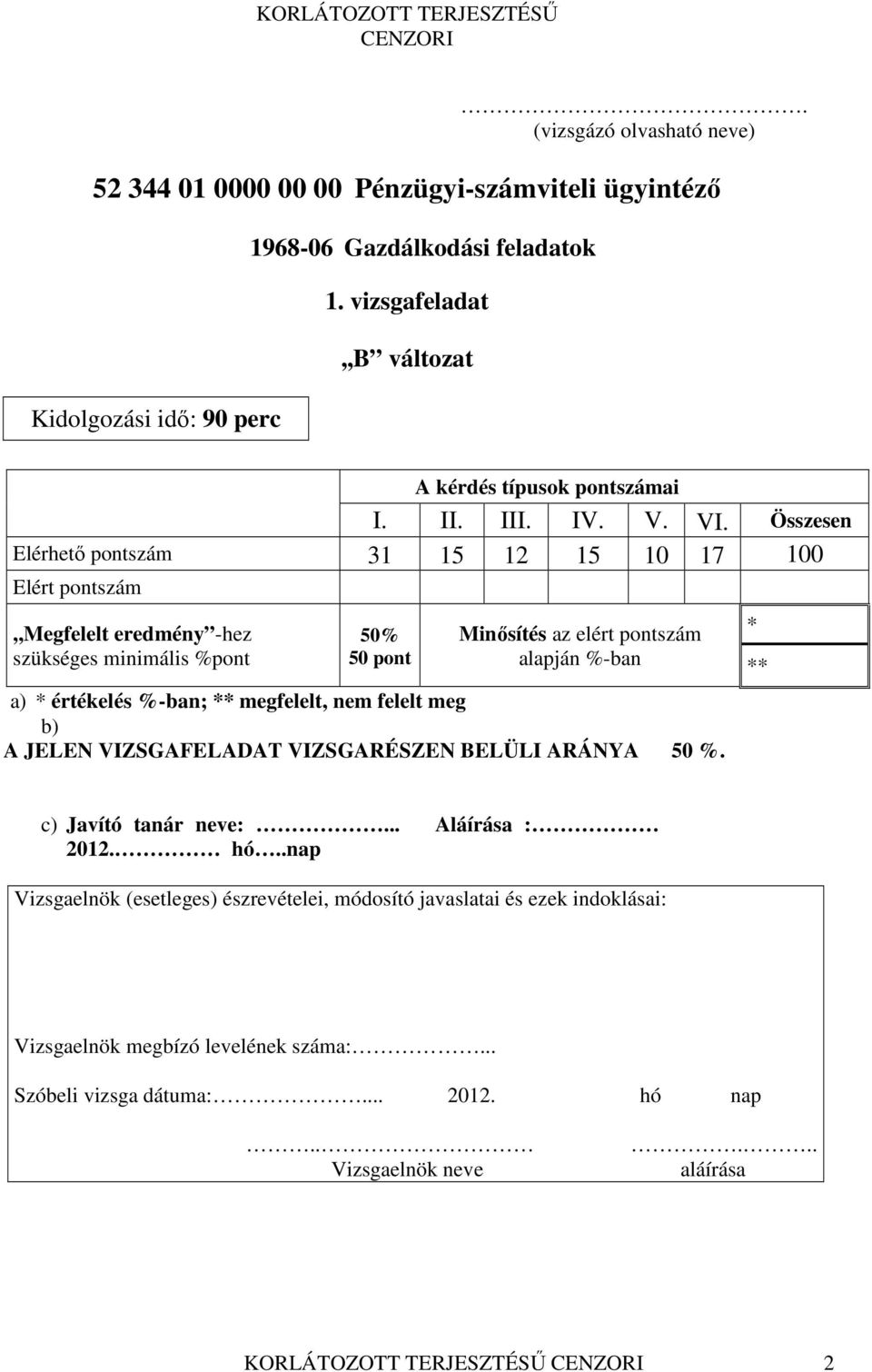 KORLÁTOZOTT TERJESZTÉSŰ. Cenzori. Írásbeli vizsgatevékenység - PDF Free  Download