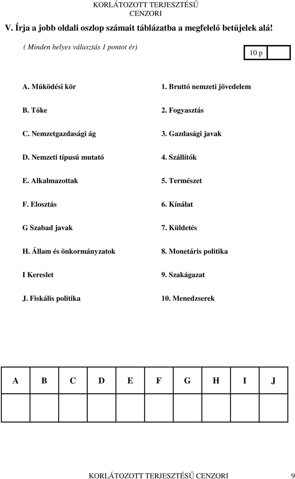 Nemzeti típusú mutató 4. Szállítók E. Alkalmazottak 5. Természet F. Elosztás 6. Kínálat G Szabad javak 7. Küldetés H.