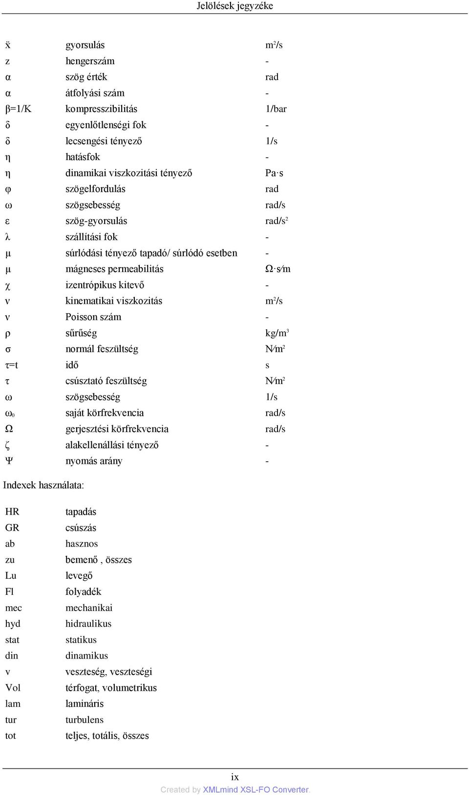 izentrópikus kitevő - ν kinematikai viszkozitás m 2 /s ν Poisson szám - ρ sűrűség kg/m 3 ζ normál feszültség N m 2 η=t idő s η csúsztató feszültség N m 2 ω szögsebesség 1/s ω 0 saját körfrekvencia