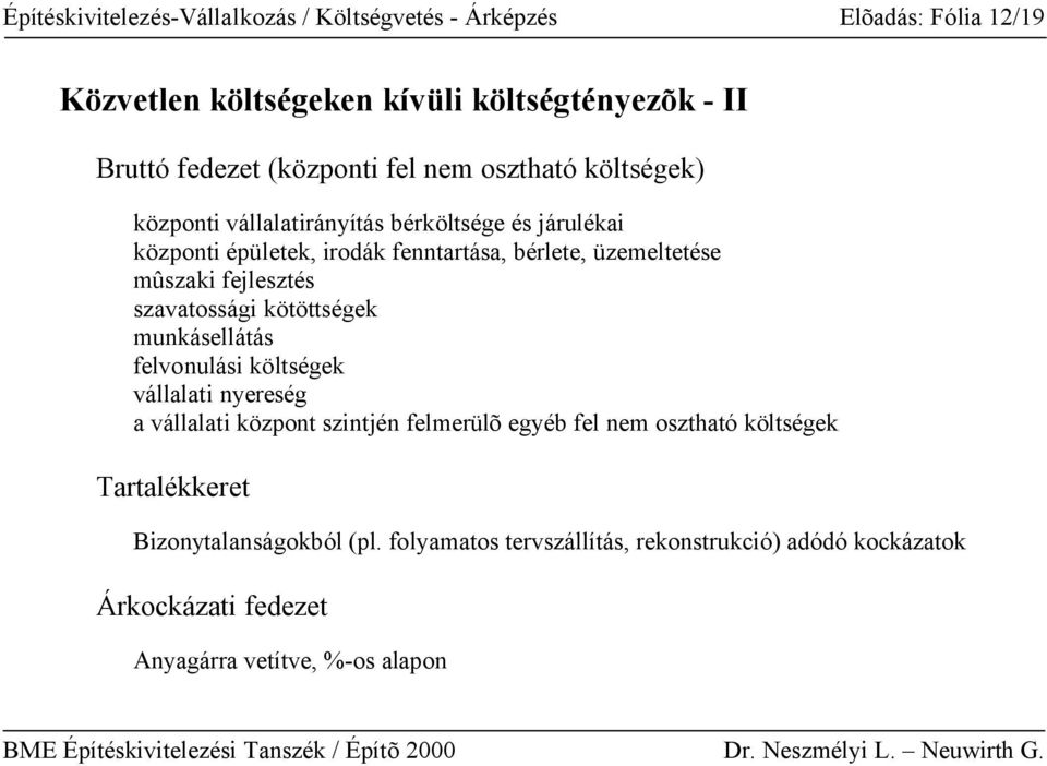 fejlesztés szavatossági kötöttségek munkásellátás felvonulási költségek vállalati nyereség a vállalati központ szintjén felmerülõ egyéb fel nem osztható