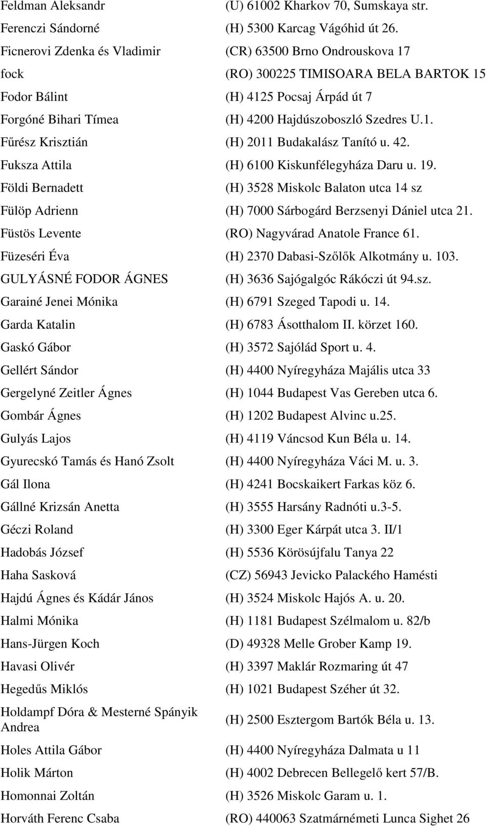 42. Fuksza Attila (H) 6100 Kiskunfélegyháza Daru u. 19. Földi Bernadett (H) 3528 Miskolc Balaton utca 14 sz Fülöp Adrienn (H) 7000 Sárbogárd Berzsenyi Dániel utca 21.