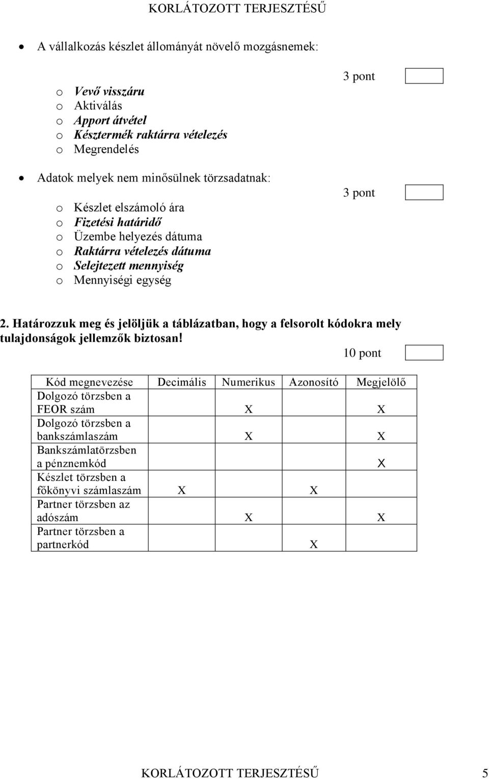 táblázatban, hogy a felsorolt kódokra mely tulajdonságok jellemzők biztosan!