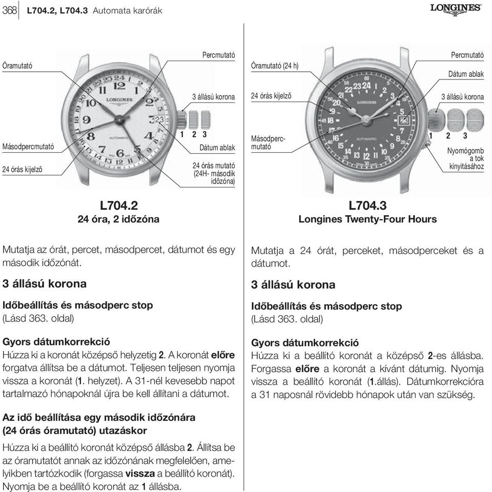 2 24 óra, 2 időzóna L704.3 Longines Twenty-Four Hours Mutatja az órát, percet, másodpercet, dátumot és egy második időzónát. Gyors dátumkorrekció Húzza ki a koronát középső helyzetig 2.