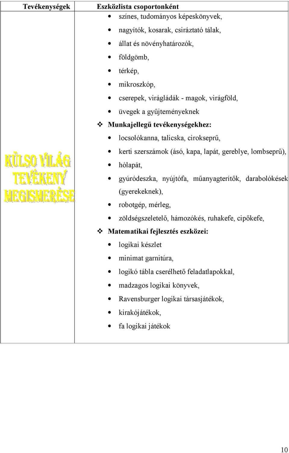 lombseprű), hólapát, gyúródeszka, nyújtófa, műanyagterítők, darabolókések (gyerekeknek), robotgép, mérleg, zöldségszeletelő, hámozókés, ruhakefe, cipőkefe, Matematikai