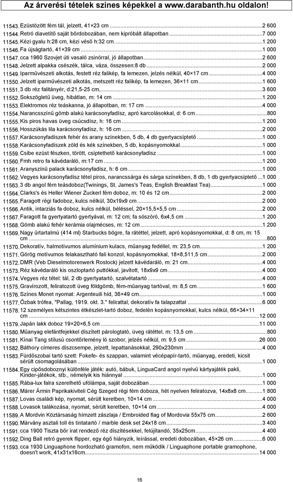 Jelzett alpakka csészék, tálca, váza, összesen:8 db...2 000 11549.Iparművészeti alkotás, festett réz falikép, fa lemezen, jelzés nélkül, 40 17 cm...4 000 11550.
