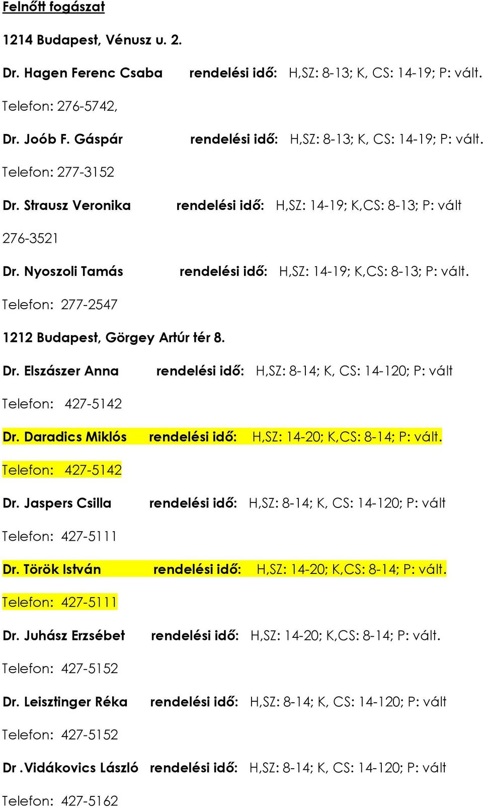 Nyoszoli Tamás rendelési idő: H,SZ: 14-19; K,CS: 8-13; P: vált. Telefon: 277-2547 1212 Budapest, Görgey Artúr tér 8. Dr.