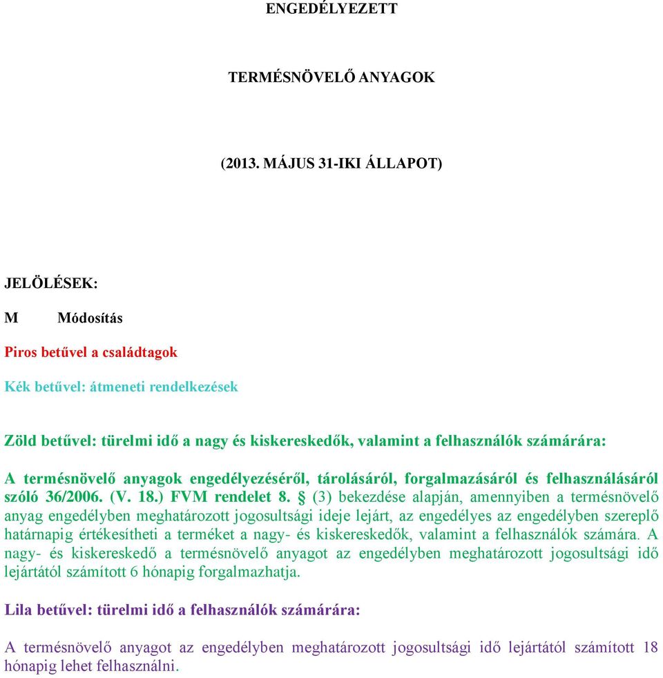 termésnövelő anyagok engedélyezéséről, tárolásáról, forgalmazásáról és felhasználásáról szóló 36/2006. (V. 18.) FVM rendelet 8.