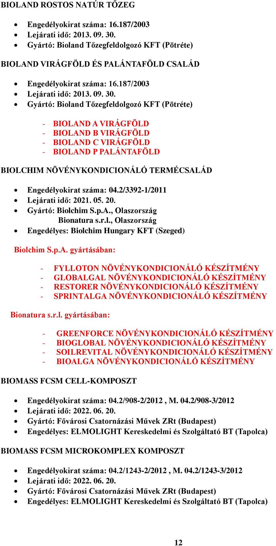 Gyártó: Bioland Tőzegfeldolgozó KFT (Pötréte) - BIOLAND A VIRÁGFÖLD - BIOLAND B VIRÁGFÖLD - BIOLAND C VIRÁGFÖLD - BIOLAND P PALÁNTAFÖLD BIOLCHIM NÖVÉNYKONDICIONÁLÓ TERMÉCSALÁD Engedélyokirat száma: