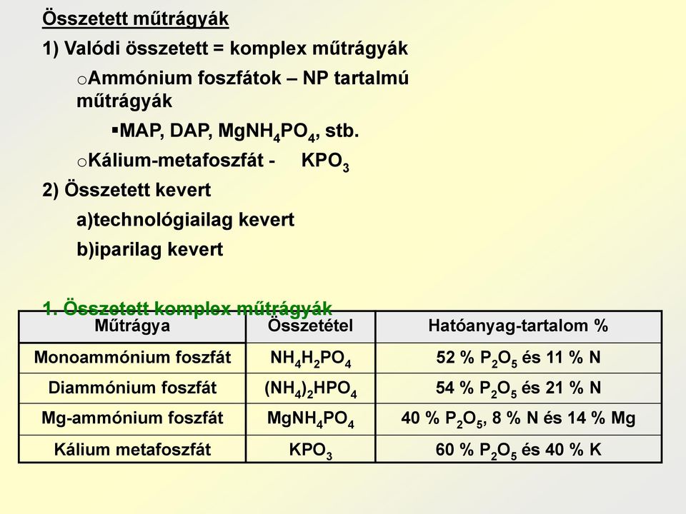 Összetett komplex műtrágyák Műtrágya Összetétel Hatóanyag-tartalom % Monoammónium foszfát NH 4 H 2 PO 4 52 % P 2 O 5 és 11 % N