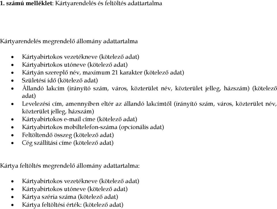 amennyiben eltér az állandó lakcímtől (irányító szám, város, közterület név, közterület jelleg, házszám) Kártyabirtokos e-mail címe (kötelező adat) Kártyabirtokos mobiltelefon-száma (opcionális adat)