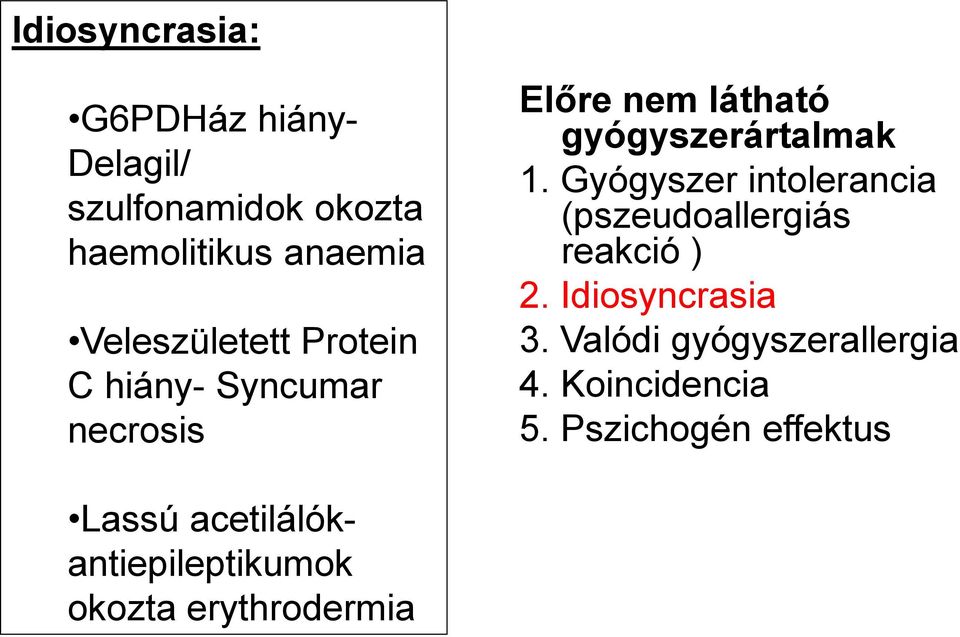 Gyógyszer intolerancia (pszeudoallergiás reakció ) 2. Idiosyncrasia 3.