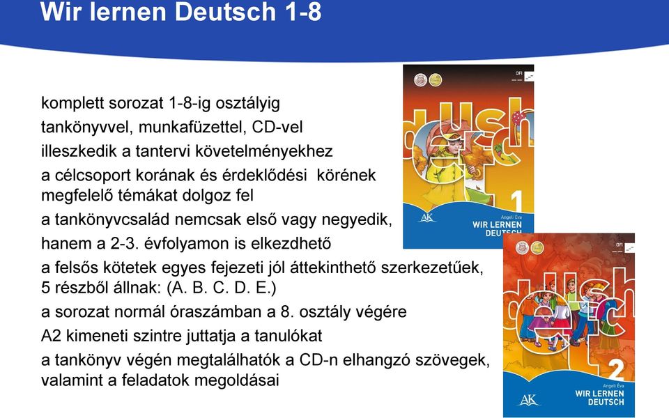 évfolyamon is elkezdhető a felsős kötetek egyes fejezeti jól áttekinthető szerkezetűek, 5 részből állnak: (A. B. C. D. E.