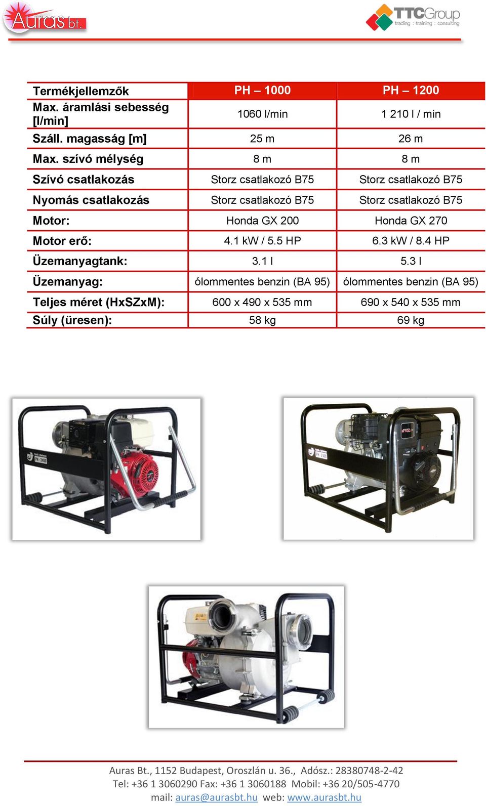 csatlakozó B75 Honda GX 200 Honda GX 270 Motor erő: 4.1 kw / 5.5 HP 6.3 kw / 8.4 HP Üzemanyagtank: 3.1 l 5.