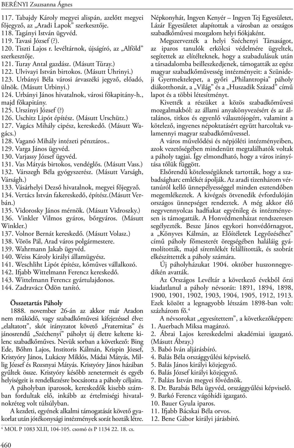 (Másutt Urbinyi.) 124. Urbányi János hivatalnok, városi főkapitány-h., majd főkapitány. 125. Urszinyi József (?) 126. Uschitz Lipót építész. (Másutt Urschütz.) 127. Vagács Mihály cipész, kereskedő.