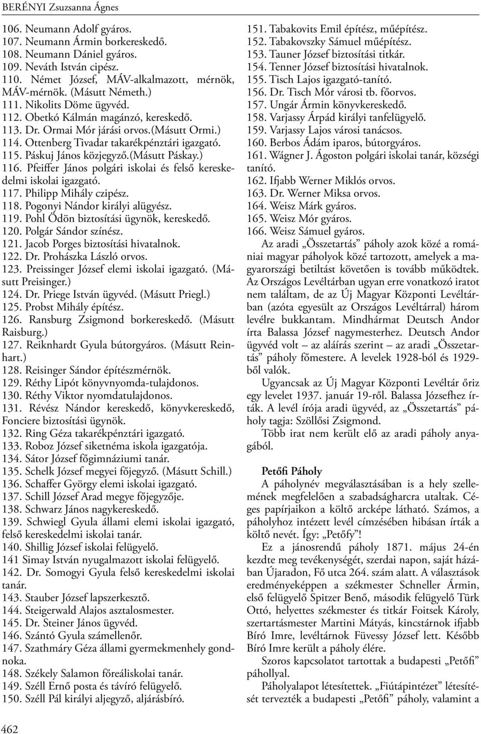 ) 116. Pfeiffer János polgári iskolai és felső kereskedelmi iskolai igazgató. 117. Philipp Mihály czipész. 118. Pogonyi Nándor királyi alügyész. 119. Pohl Ödön biztosítási ügynök, kereskedő. 120.