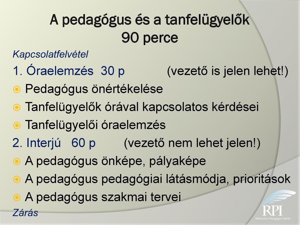 ) Pedagógus önértékelése Tanfelügyelők órával kapcsolatos kérdései Tanfelügyelői