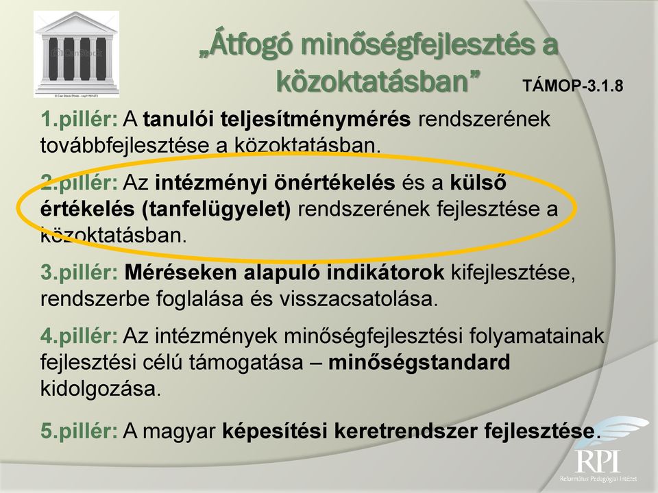 pillér: Méréseken alapuló indikátorok kifejlesztése, rendszerbe foglalása és visszacsatolása. 4.