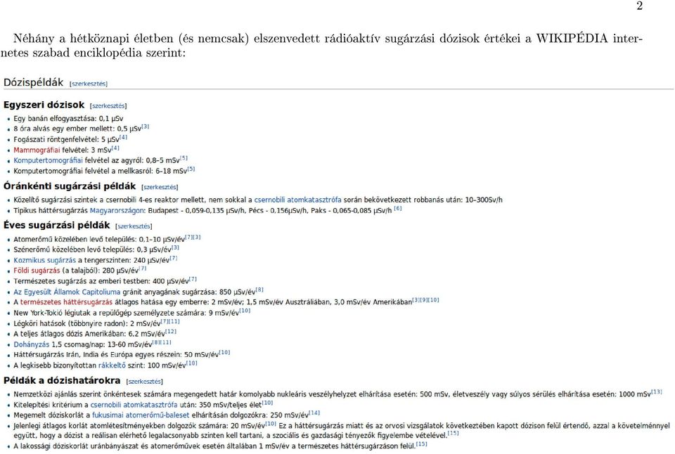 sugárzási dózisok értékei a