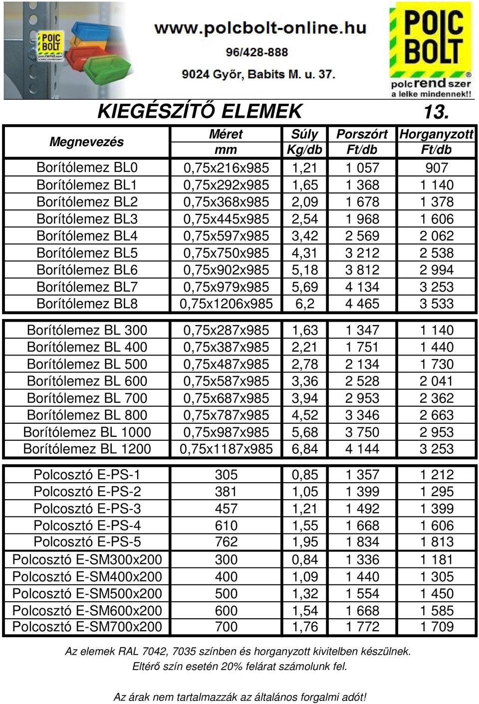 Borítólemez BL3 0,75x445x985 2,54 1 968 1 606 Borítólemez BL4 0,75x597x985 3,42 2 569 2 062 Borítólemez BL5 0,75x750x985 4,31 3 212 2 538 Borítólemez BL6 0,75x902x985 5,18 3 812 2 994 Borítólemez BL7