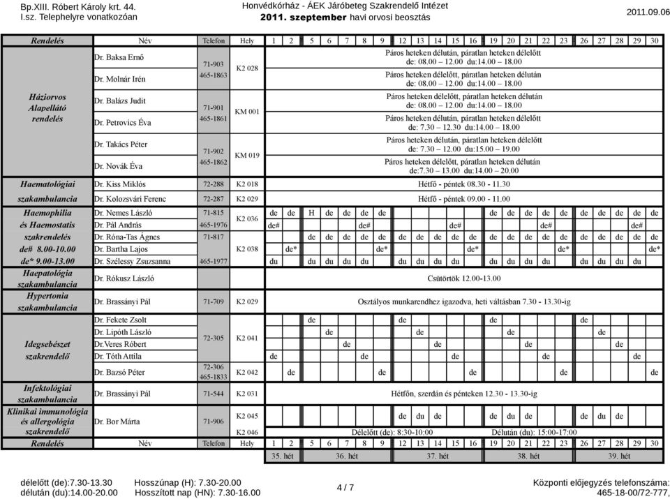 30 12.30 :14.00 18.00 Páros heteken délután, páratlan heteken délelőtt de: 7.30 12.00 :15.00 19.00 Páros heteken délelőtt, páratlan heteken délután de:7.30 13.00 :14.00 20.00 Haematológiai Dr.